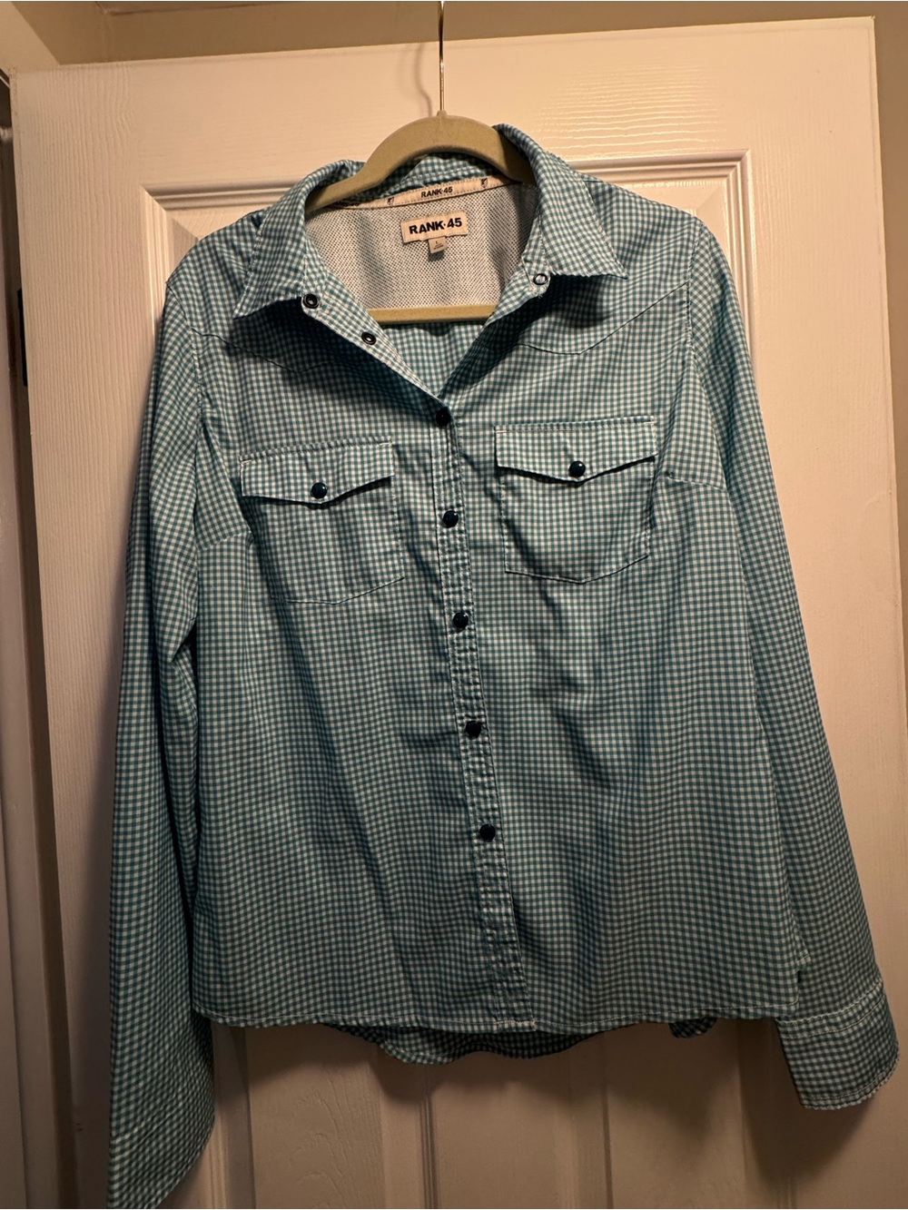 Rank-45 Women's Teal Gingham Button-Down Shirt